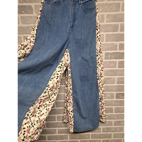 CLANE Womens Denim Floral Wide Leg High Waist Pants Bohemian Size 25 - Picture 3 of 12